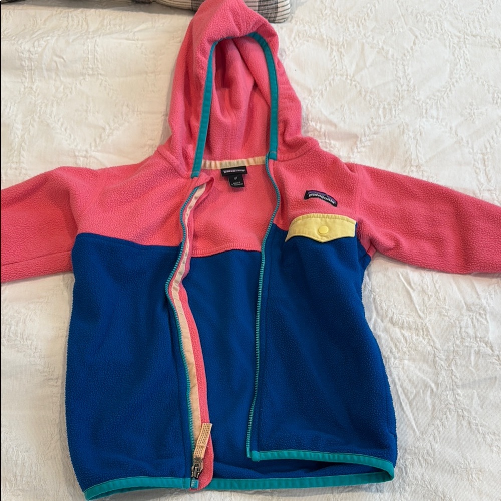 Patagonia Pink and Blue Hooded Fleece Jacket 4T